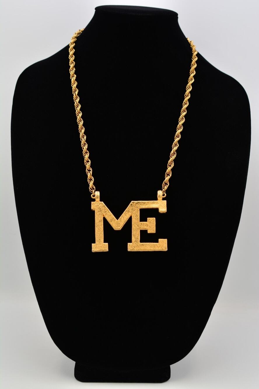 Accessocraft NYC Vintage Gold ME Pendant Necklace Statement Signed 1970s BinR